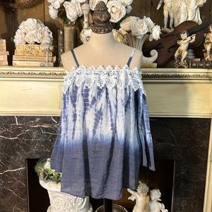 A. Byer cold shoulder with lace trim around neck and sleeve hems -